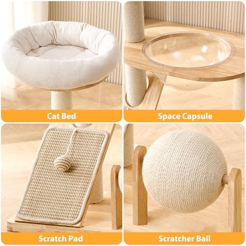 HITTITE Solid Wood Cat Tree Tower with Scratching Post, 37.8 Inches Tall Cat Towers with Scratching Board and Scratcher Ball, Modern Cat Tower With Space Capsule and Removable Top Bed for Indoor Cats. 9