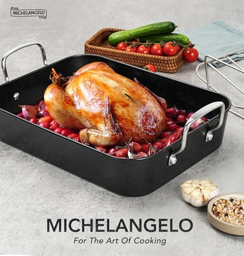 MICHELANGELO Roasting Pan with Rack, Carbon Steel Turkey Roasting Pan for Oven and Induction, Nonstick Turkey Roaster Pan with Stainless Steel Rack, 15 Inch x 11 Inch 7