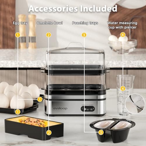 Evoloop Rapid Egg Cooker Electric 12 Eggs Capacity, Soft, Medium, Hard Boiled, Poached, Omelet Maker Egg Poacher & Vegetable Steamer, BPA Free Tray 9