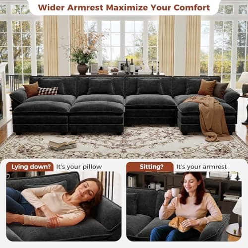 CDCASA 154" Oversized Modular Sectional Sofa, Comfy U-Shaped Cloud Couch w/ 3 Ottoman, 7-Seater Chenille Deep Seat Modern Sofa Couch for Living Room, Bedroom, Apartment, Office, Black 6