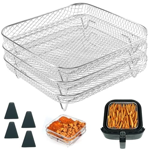 BYKITCHEN 8 inch Square Air Fryer Rack, 3pcs Stackable Stainless Steel Dehydrator Rack with Silicon Feet, Square Air Fryer Accessories for Cosori, Instant Vortex, Ninja Pro XL 6.5 QT AF181 & More