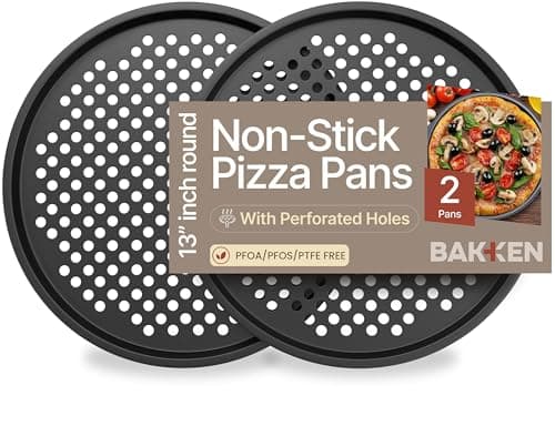 Bakken- Swiss Non-Stick Pizza Pan with Holes - 13-Inch Perforated Pizza Crisper Carbon Steel Pizza Pan - 2 Round Pizza Trays - PFOA PFOS and PTFE Free
