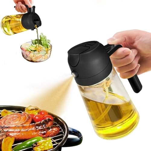 Oil Sprayer for Cooking, 2 in 1 Olive Oil Dispenser Bottle for Kitchen, 16oz/470ml Premium Glass Oil Bottle, Food-grade Oil Mister for Air Fryer, Salad, Frying, BBQ (Black)