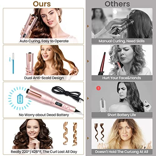 Automatic Curling Iron, Auto Hair Curler Wand with 4 Temperatures & 3 Timers & LCD Display, Curling Iron with 1" Large Rotating Barrel, Dual Voltage Auto Shut-Off Spin Iron for Hair Styling 6