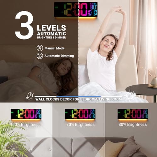 ANSOPER 16.5" Large Digital Wall Clock: 11 RGB Color LED Display with Remote Control, Auto DST, Temperature & Date, Big Number Wall Clock for Seniors, Classroom, Office, Gym, Home Decor Black 6