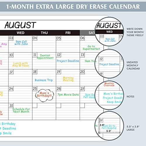 Large Dry Erase Calendar for Wall - Undated 1 Month Big Wall Calendar, 40" x 30", Erasable & Reusable Laminated Calendar with 8 Round Stickers, Great Layout Wall Calendar Dry Erase - Grey 3
