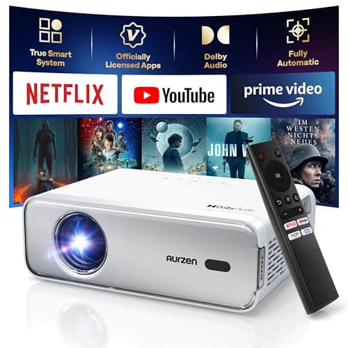 Aurzen EAZZE D1 Smart Projector with WiFi and Bluetooth, Netflix-Officially-Licensed, Auto Focus & Keystone, DoIby Audio, Zoom, Native 1080P Movie, Portable Outdoor Mini Projector, Silver