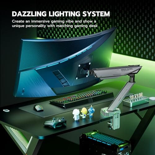 ARES WING RGB Single Monitor Arm Desk Mount for 17-45 inches Flat and Curved Monitors, Holds 35.2 lbs Heavy Duty, Adjustable Ultrawide Monitor Arm with Clamp & Grommet Base, 75/100 VESA Mount, Gray 8