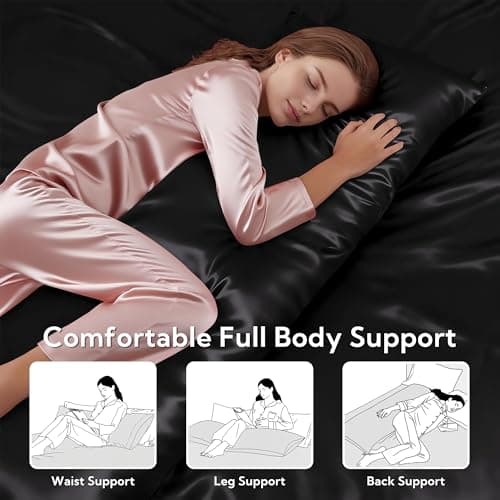 MR&HM Satin Body Pillow Cover, Soft and Breathable Body Pillow Case with Envelope Closure, Cooling and Silky Long Pillowcase for Hair and Skin,Grey (20x54, Black) 5