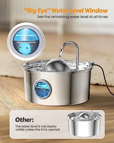 AONBOY Cat Water Fountain Stainless Steel, 108oz/3.2L Cat Fountain, Pet Water Fountain with Water Level Window, Hemispherical Shape, Multi-Filter, Silent Pump, Water Tap, Provides Flowing Water 2