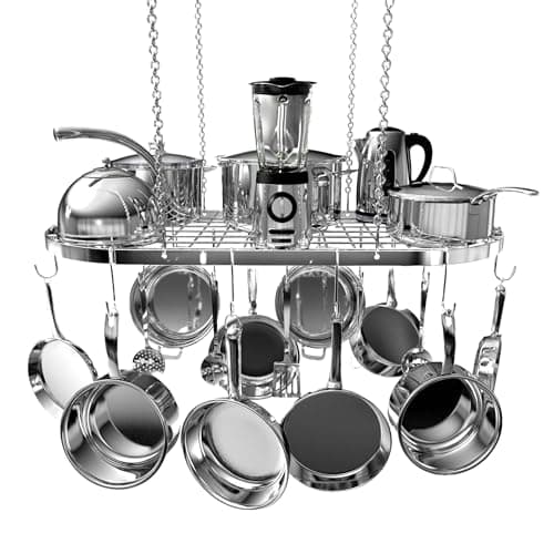 Vdomus Hanging Pot Rack - Ceiling Mount Kitchen Organizer for Pots and Pans with 15 Hooks - 33 x 17 Inches Heavy-Duty, Durable and Space-Saving Pan Holder - Silver