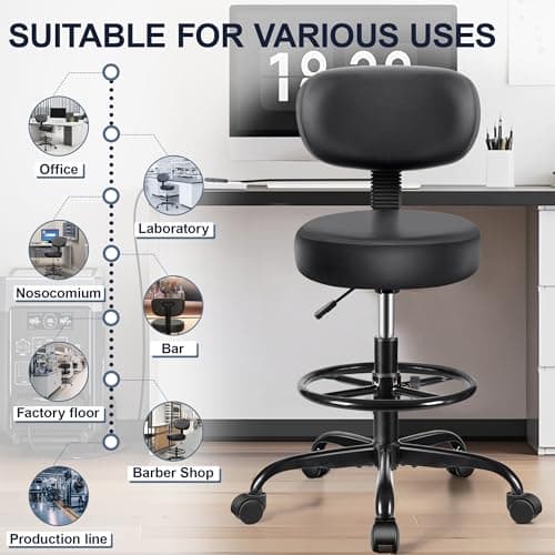 Brick Attic Drafting Chair with Backrest – Adjustable Foot Rest Rolling Stool with Wheels, PU Leather Swivel Stool for Office Spa Studio Lab Counter Salon Home Work Bar Kitchen Shop(Black) 8