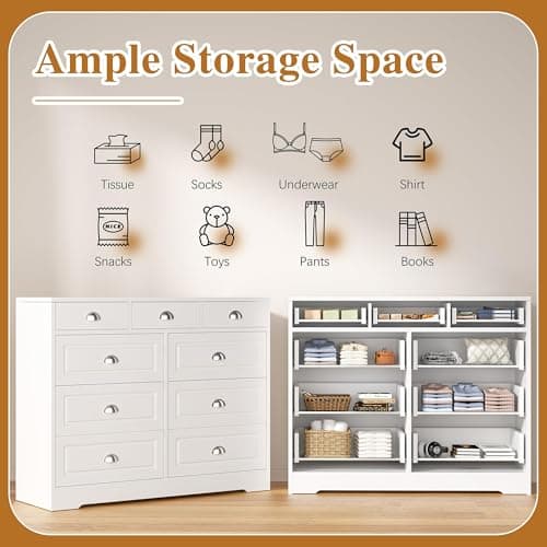 Shintenchi Dresser for Bedroom with 9 Drawers,Double Dresser & Chest of Drawers Wooden Organizer with Metal Handle, Storage TV Stand for Living Room,White 6