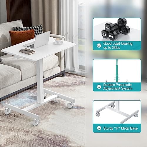 DUMOS Small Standing Desk Mobile Portable Rolling Laptop PC Table on Wheels Adjustable Height Computer Workstation for Home Office, 19 Inch, Modern White 5