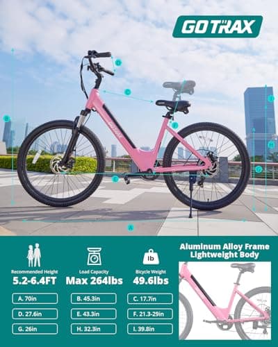 Gotrax Dolphin 26" Electric Bike, Max Range 30Miles(Pedal-assist1)&20Mph Power by 350W, 5 Pedal-Assist Levels&Front Suspension, 7-Speed&Boost Mode, City E-Bike for Adult Leisure Riding/Commuting Pink 8