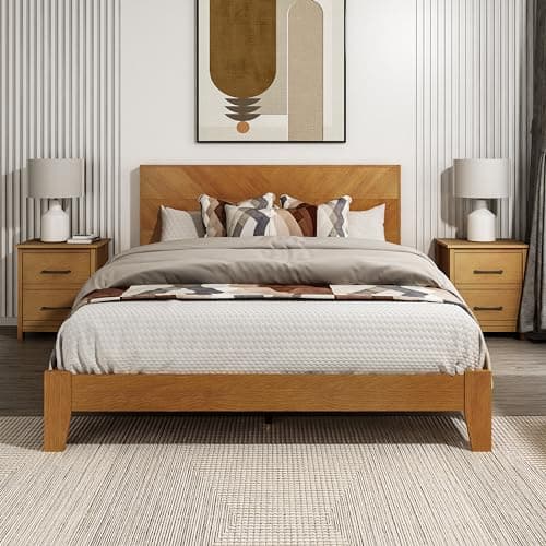 Galano Weiss Wood Platform Queen Bed Frame with Headboard, Fit 60'' x 80'' Mattress Foundation with Wood Slat Support, No Box Spring Needed, 64.2" L x 85.3" W x 40.1" H, Amber Walnut 9