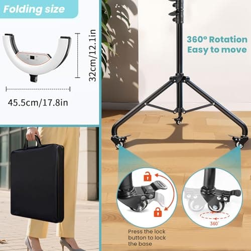 MACTREM 22" Foldable Ring Light with Stand for iPhone ipad, 75" Tripod with Wheels 50W 6500K LED Display/2 USB Ports Large Ringlight Rolling, Tattoo Barber Makeup Studio Video Photography Lighting 5