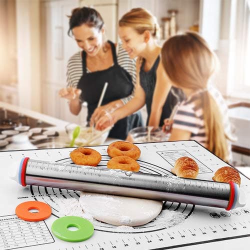 Rolling Pin and Pastry Baking Mat Set, Rolling Pins with Adjustable Thickness Rings, Stainless Steel Dough Roller for Baking Fondant, Pizza, Pie, Pastry, Pasta, Cookies (Black Mat) 6