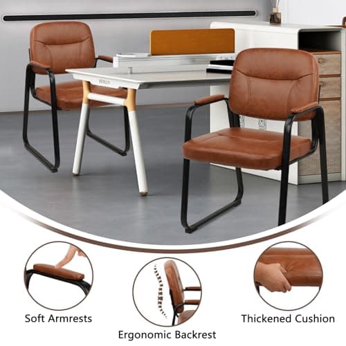 CLATINA Waiting Reception Chairs No Wheel, Leather Guest Chair with Padded Arms, Modern Brown Office Desk Chairs with Sled Base for Office Meeting Conference Room Lobby Home Living Room (2 Pack) 5