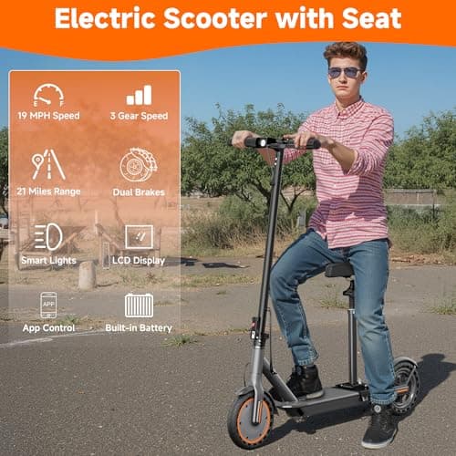 Electric Scooter with Seat, Folding E Scooter for Adults, 350W Motor, 8.5" Solid Tires, 19 MPH, 21 Mile Range, Lightweight Portable Teens Commuter Sit Down Escooter with APP, Dual Brake 5