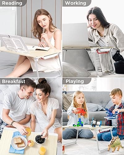 SAIJI Folding Bed Desk for Laptop, Eating Breakfast, Writing, Gaming, Extra Large 25.6" x 19.3" Portable Floor Stand Laptop Desk Table for Adult,Kids, Wood Bed Tray Table Lap Desk 6