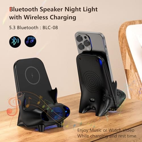 YHJQWDZ 4-in-1 Wireless Charger with Bluetooth Speaker, 15W Qi Certified Fast Charging Wireless Station for iPhone, Pixel, Samsung Galaxy, Phone, LG & More, with Voice Control Night Light (Black)… 5