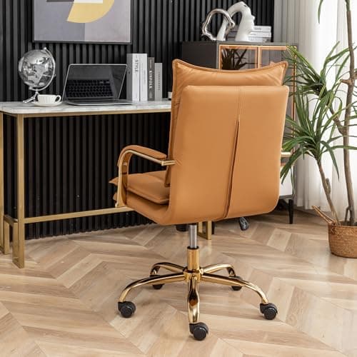 DRKAT Leather Home Office Desk Chairs Comfy Office Chair, Mid-Back Adjustable Swivel Computer Chair with Golden Legs and Arms, Modern Upholstered Task Chair with Wheels, Camel 9