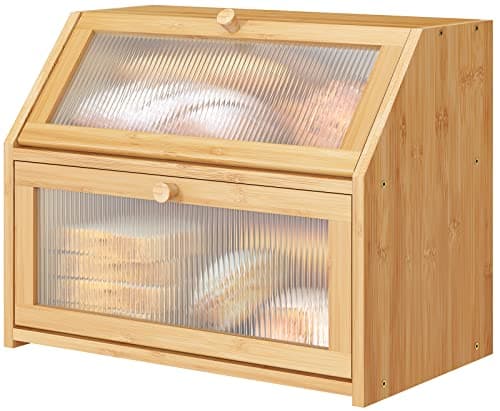 Vriccc Bread Box for Kitchen Counter, Large Bamboo Wood Double Layer Bread Box, Wooden Bread Storage Capacity