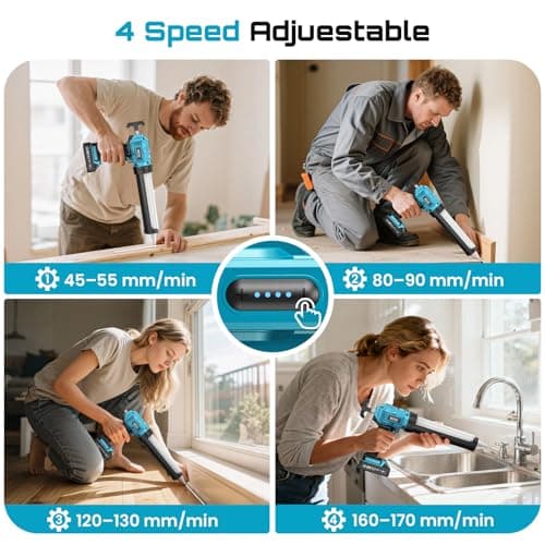 SEESII Cordless Caulking Gun, 21V Battery Powered Caulk Gun, Electric Caulking Gun w/2 x 2.0Ah Batteries, 9Pcs Caulk Remover Tool, LED Light, Auto Retract for Filling, Sealing 7