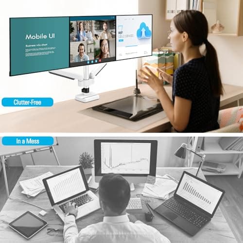 MOUNTUP Triple Monitor Mount for 17-32 inch Screens, Full Motion Triple Monitor Stand, Gas Spring 3 Arm Desk Mount Holds 4.4-19.8 lbs Each, Clamp & Grommet Mounting, White 8