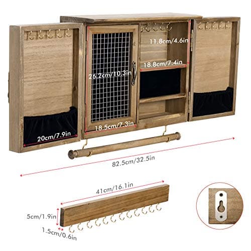 Sunix Rustic Wooden Jewelry Organizer Wall Mounted Holder with Removable Bracelet Rod and Hooks for Necklaces Earrings Bracelets Rings 7