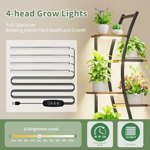 MJOMKN 62“ Plant Stand Indoor with Grow Lights - 7 Tiered Tall Metal Plant Shelf - Corner Wooden Plant Stand for Indoor Plants Multiple, Large S-Shape Flower Rack Holder for Living Room, Garden, Patio Decor 6
