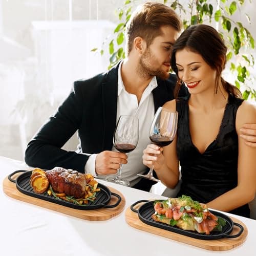 Yiyiring 4 Pcs Cast Iron Fajita Skillet Pan Set Sizzling Steak Plate with Wooden Base and Removable Handle Cast Iron Grill Frying Pan for Home Restaurant Kitchen Cooking (12 x 6.3 Inch) 6