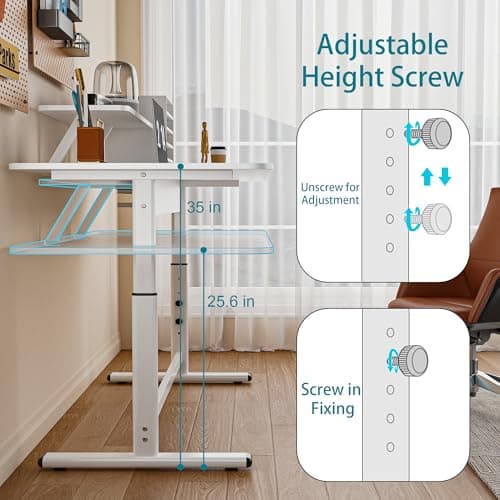 ENPKLUTE Computer Desk with Monitor Shelf, 48 Inch Manual Standing Desk Adjustable Height, Ergonomic Rising Desks for Home Office, Simple Writing Study Sit Stand Up Desks for Bedroom, White 5