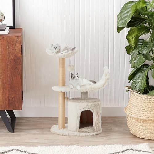 Modern Cute Cat Tree for Indoor Cats, 31-Inch 3-Tier Small Cat Tower with Scratching Posts, Soft White Plush Sailboat Perch & Lookout, Cute Cat Furniture for Kittens and Small Cats 8