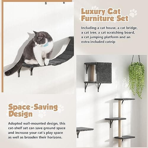 COZIVVOVV 5 Pcs Wooden Indoor Cat Climber - Wall-Mounted Shelves, Perches, Scratching Board, Cat Ladder & Cat Tree - Grey 5