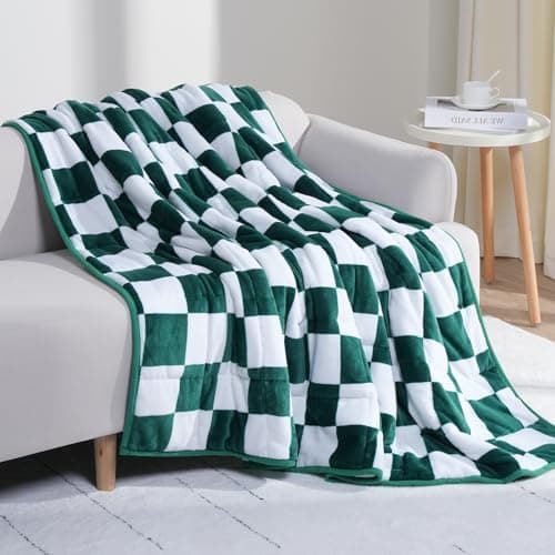 Kaisa Weighted Blanket for Adults 15 lbs, Flannel Weighted Blankets Checkered Blanket, Heavy Blankets for Pressure Relief & Better Sleep, Ideal Gifts for Families, Green, 48"x72"