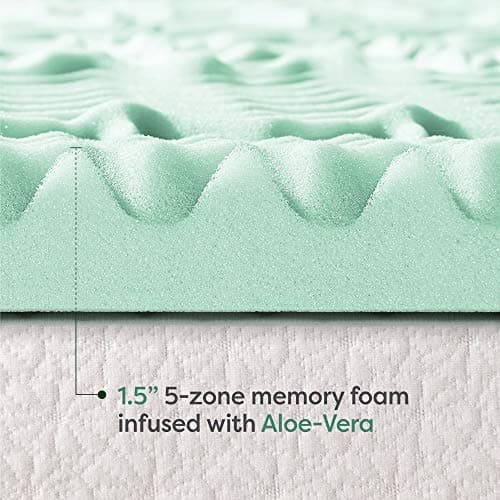 Mellow 1.5 Inch 5-Zone Memory Foam Mattress Topper, Calming Aloe Infusion, Dorm Essentials, Queen 5