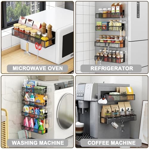 Aufworld Magnetic Spice Rack for Refrigerator, 4 Pack Magnetic Shelf, Fridge Magnet Organizer with Moveable 8 Hooks, Magnetic Fridge Shelf for Kitchen Organization and Storage (4 Pack) 5