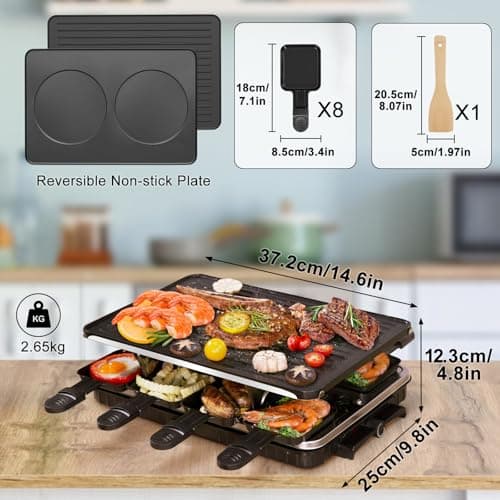 Raclette Table Grill, Indoor Grill Korean BBQ Grill Electric Griddle, 2 in 1 Electric Griddle Nonstick with 8 Raclette Cheese Pans Adjustable Temperature Control 1300W Ideal for Family Party Fun 7