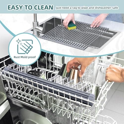 Ohuhu Over Sink Dish Drying Rack, Silicone Wrapped 17.6" W x 15.4" L Large Over The Sink Roll Up Dish Drainer - Foldable Sink Drying Rack Rolling Drain Mats Anti-Slip Multipurpose for Kitchen Counter 6
