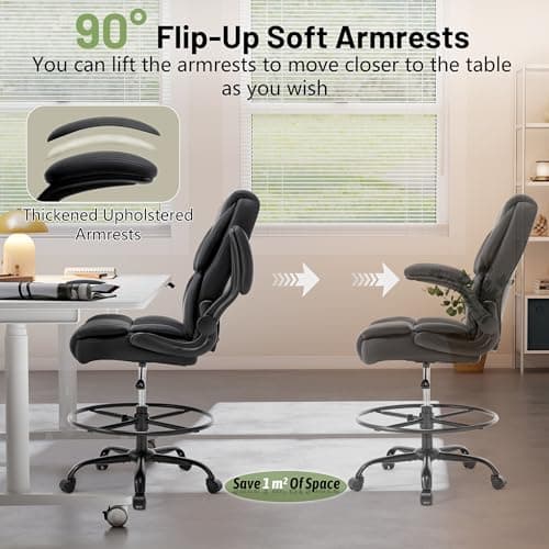 500LBS Drafting Chair, High Back Safer Standing Desk Chair, Executive Tall Office Chair with Flip-up Armrests, Upholstered PU Leather Task Chair, Ergonomic Seat with Adjustable Height&Foot Ring, Black 5