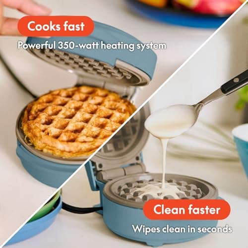 bella Snack-n-Store Min Waffle Maker, EverGood™ Ceramic Nonstick Coating, Cord Wrap, Ready Indicator Light & Cool Touch Handles, Stackable Design & Customizable Plates, 350 Watt, Surf 5