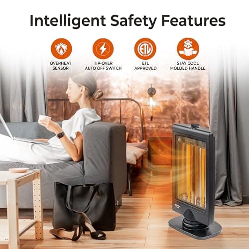 Comfort Zone Oscillating Portable Space Heater, Flat Panel, Halogen, Infrared, Electric, Adjustable Tilt, Overheat Sensor, Stay-Cool, & Tip-Over Switch, Ideal for Home, Bedroom, & Office, 800W, CZHTV9 6