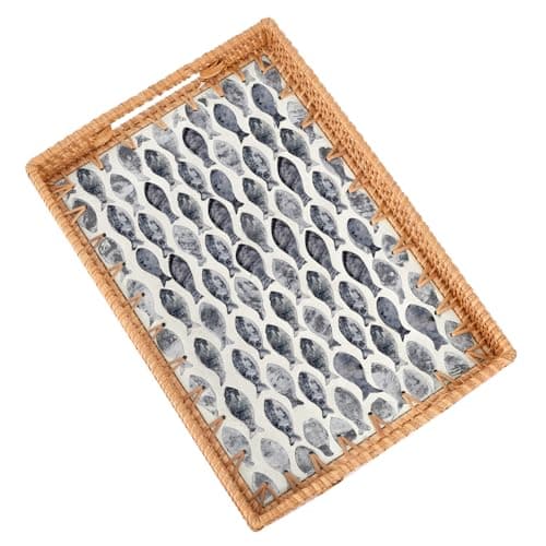 Tynulox Rectangle Rattan Tray with Mother of Pearl Inlay, Rattan Serving Tray with Handle for Coffee, Bread, Fruits, Snacks, Decorative Wicker Tray for Table Decor (Rectangle Dark Blue Fish, 13"×9")