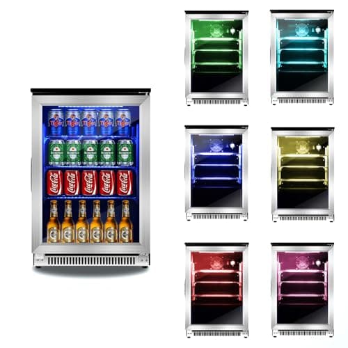 Advanics 20 Inch Built-in Beverage Refrigerator with 7-Color LED Light, Compact 120 Can Under Counter or Freestanding Stainless Steel Drink Cooler Fridge with Glass Door for Soda & Beer
