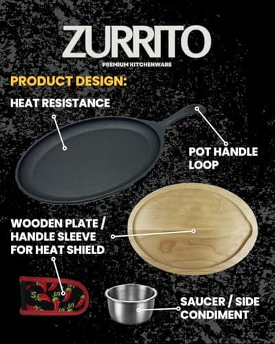 ZURRITO 2 x Cast Iron Fajita Plate Set Fajita Plate Pan with Wooden Tray Anti Scald Protection Hot Mitt Cast Iron Skillet Set for Home Barbecue Kitchen Party Restaurant Catering Service 5