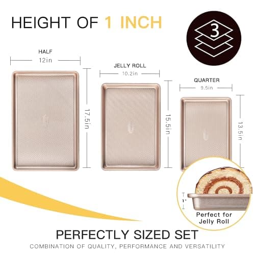 HONGBAKE Baking Sheet Pan Set of 3, Cookie Sheets for Oven, Nonstick Half/Quarter/Jelly Roll Pans with Diamond Texture Pattern, 0.8mm Thick Heavy Duty Cookie Tray, Champagne Gold 6