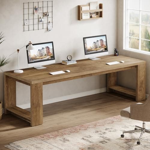 Tribesigns Two Person Desk, 86.6 Inches Extra Long Desk, Double Computer Writing Table, Wood Large Desks Workstation for Home Office, Natural Wood