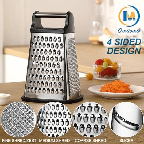 OIM Omiiomio Professional Cheese Grater - Stainless Steel, XL Size, 4 Sides - Perfect Box Grater for Parmesan Cheese, Vegetables, Ginger - Dishwasher Safe - Black 6
